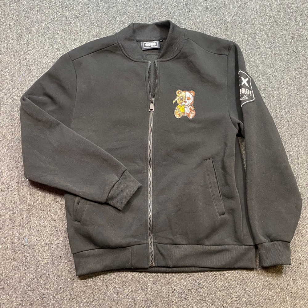 Super Massive Bomber Jacket Sz L Mens Black Streetwear Bear Skeleton Zip Up
